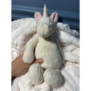 Jellycat Bashful unicorn Plush Toy Cream Pink Horn Sparkle Rainbow‎ Taill